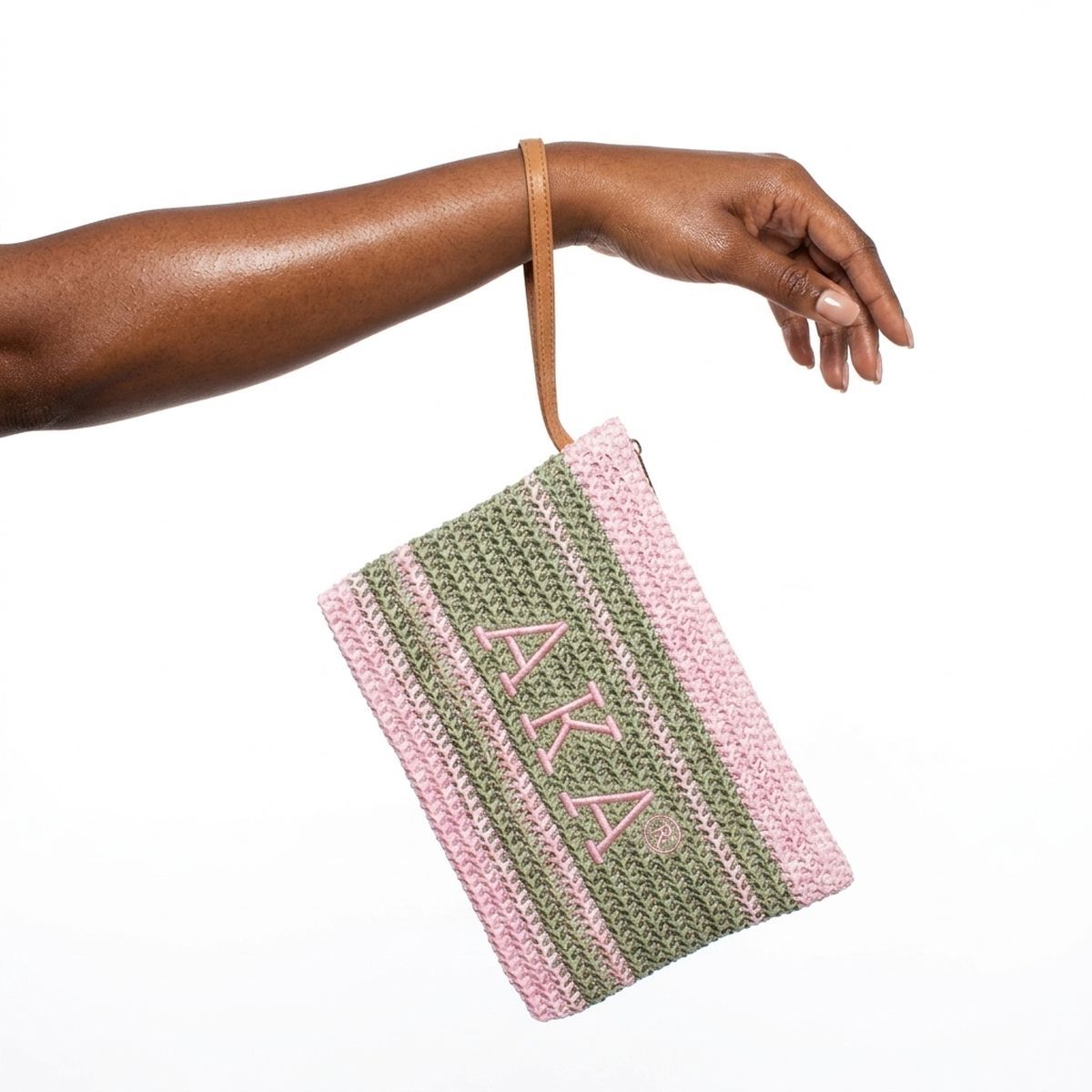 AKA Faded Pink Green Raffia Embroidered Pouch Bag