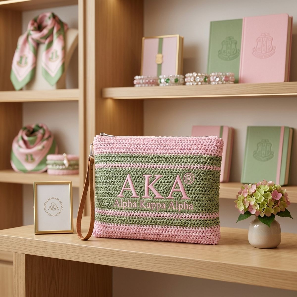 AKA Faded Pink Green Raffia Embroidered Pouch Bag
