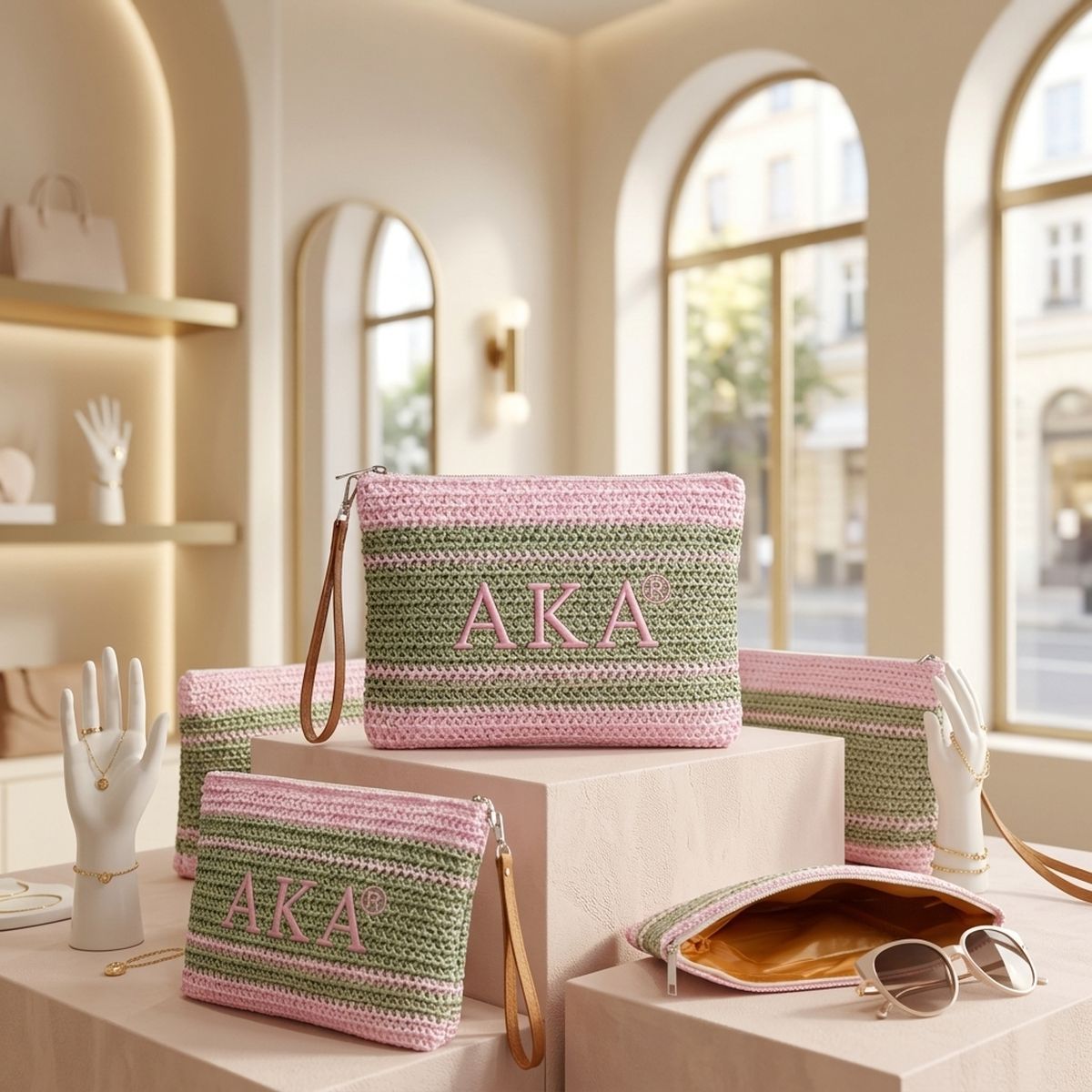 AKA Faded Pink Green Raffia Embroidered Pouch Bag