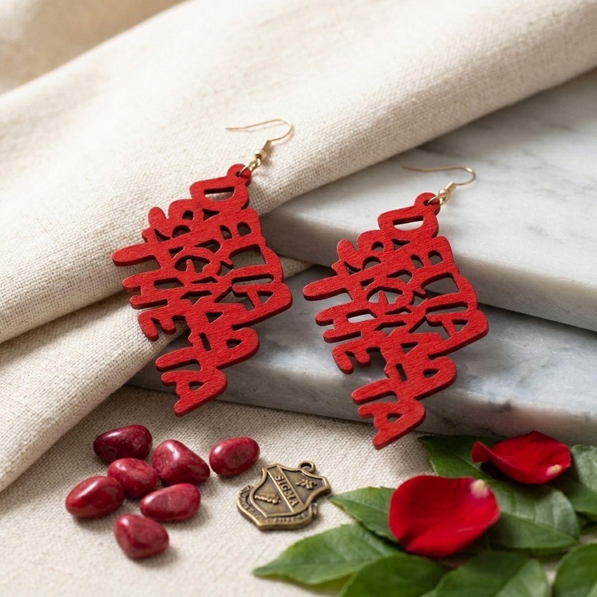 DST Red Wood Delta Sigma Theta Fish Hook Earrings