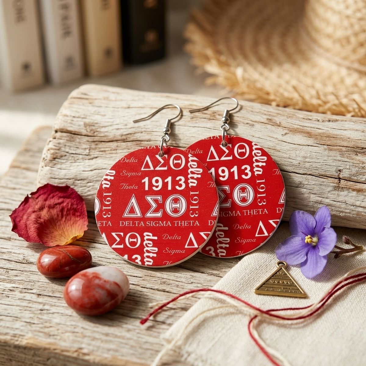 DST Round Red Graphic Print Fish Hook Earrings