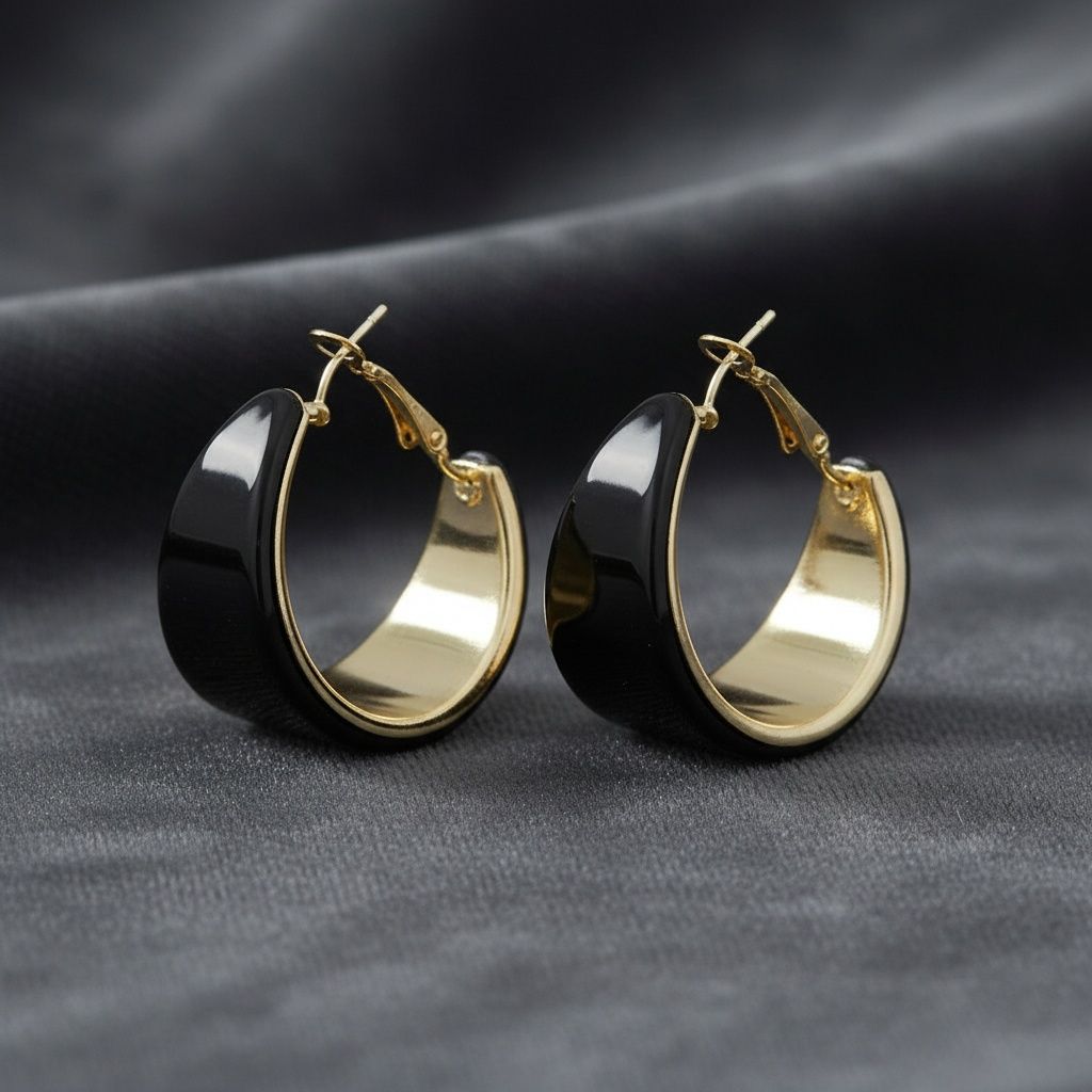 Hoop Black Resin Coated Classic Wide Gold Earrings