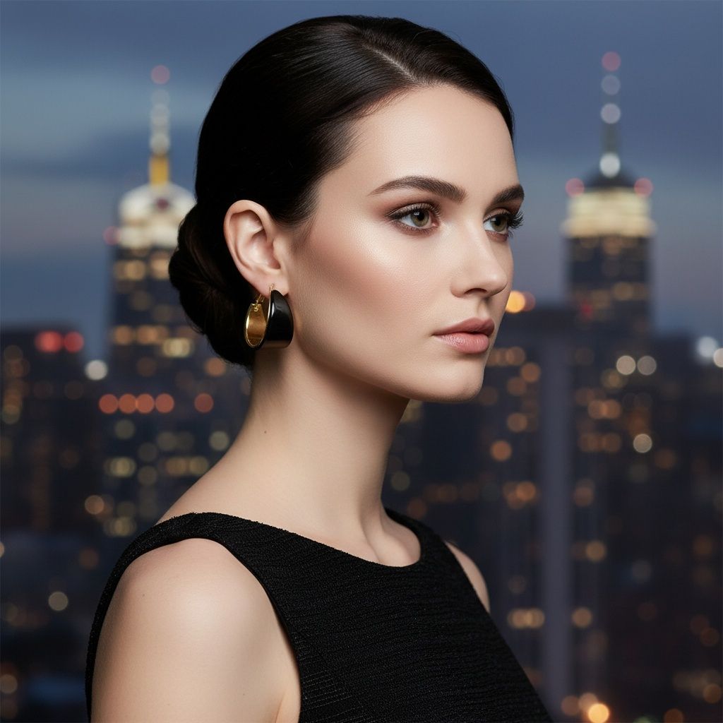 Hoop Black Resin Coated Classic Wide Gold Earrings
