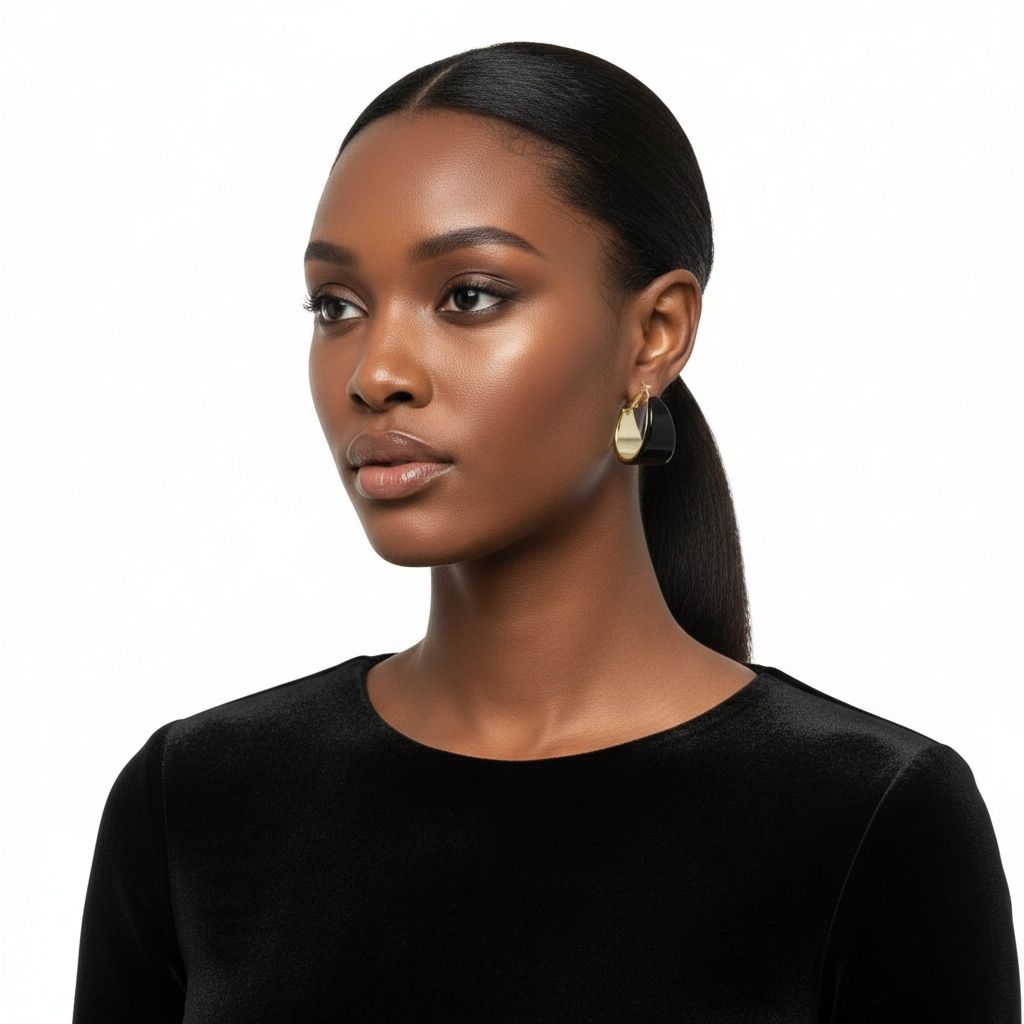 Hoop Black Resin Coated Classic Wide Gold Earrings