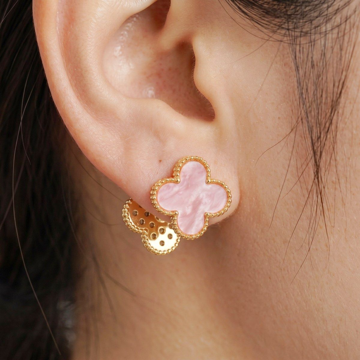 Pink Clover Crystal Stud Earrings with Omega Back