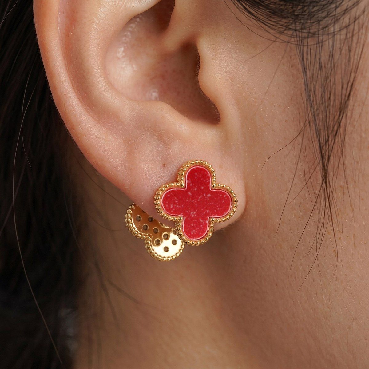 Red Clover Crystal Stud Earrings with Omega Back
