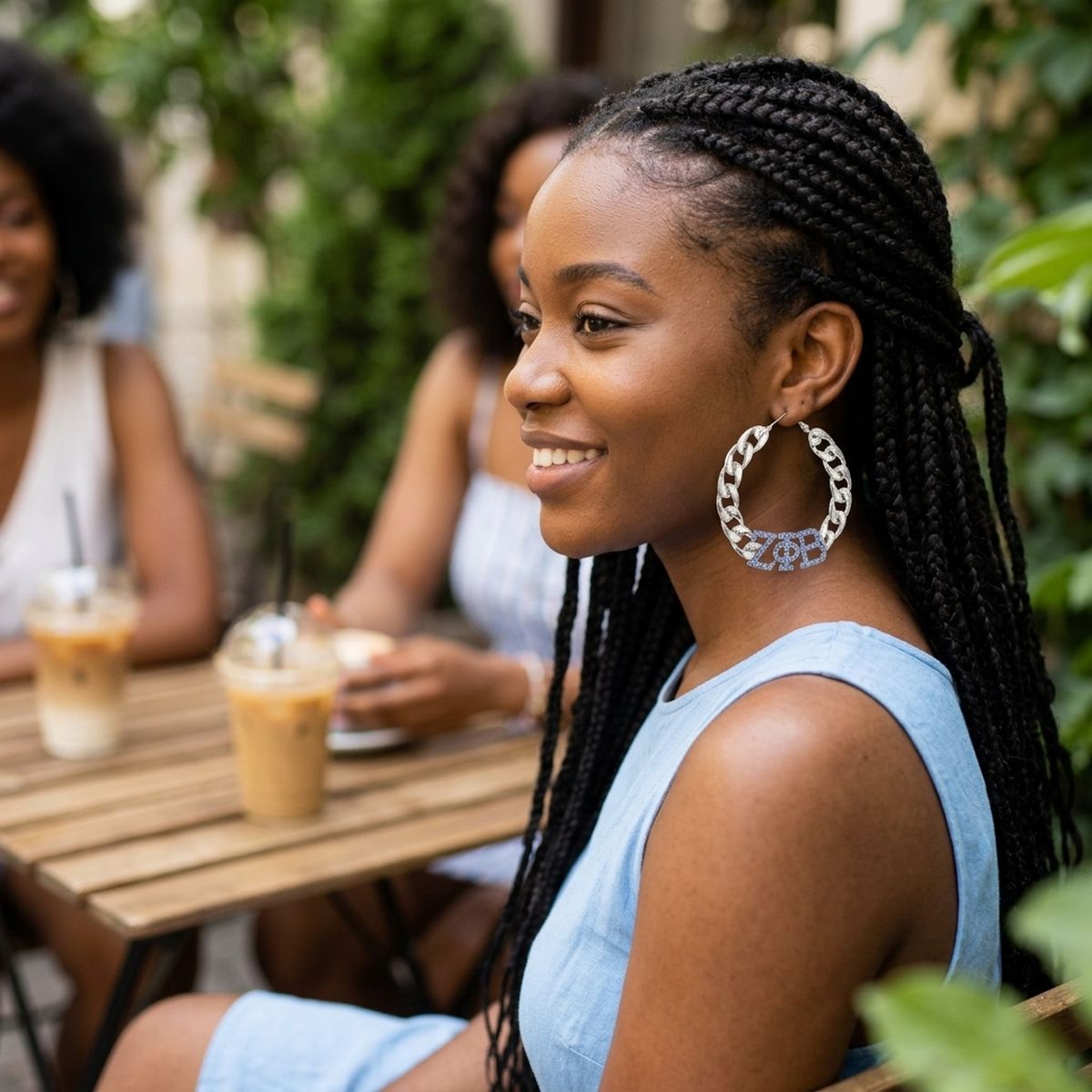 ZPB Blue Rhinestone Silver Chain Hoop Earrings