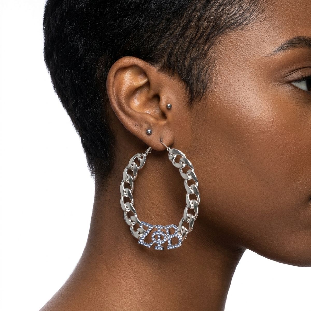 ZPB Blue Rhinestone Silver Chain Hoop Earrings