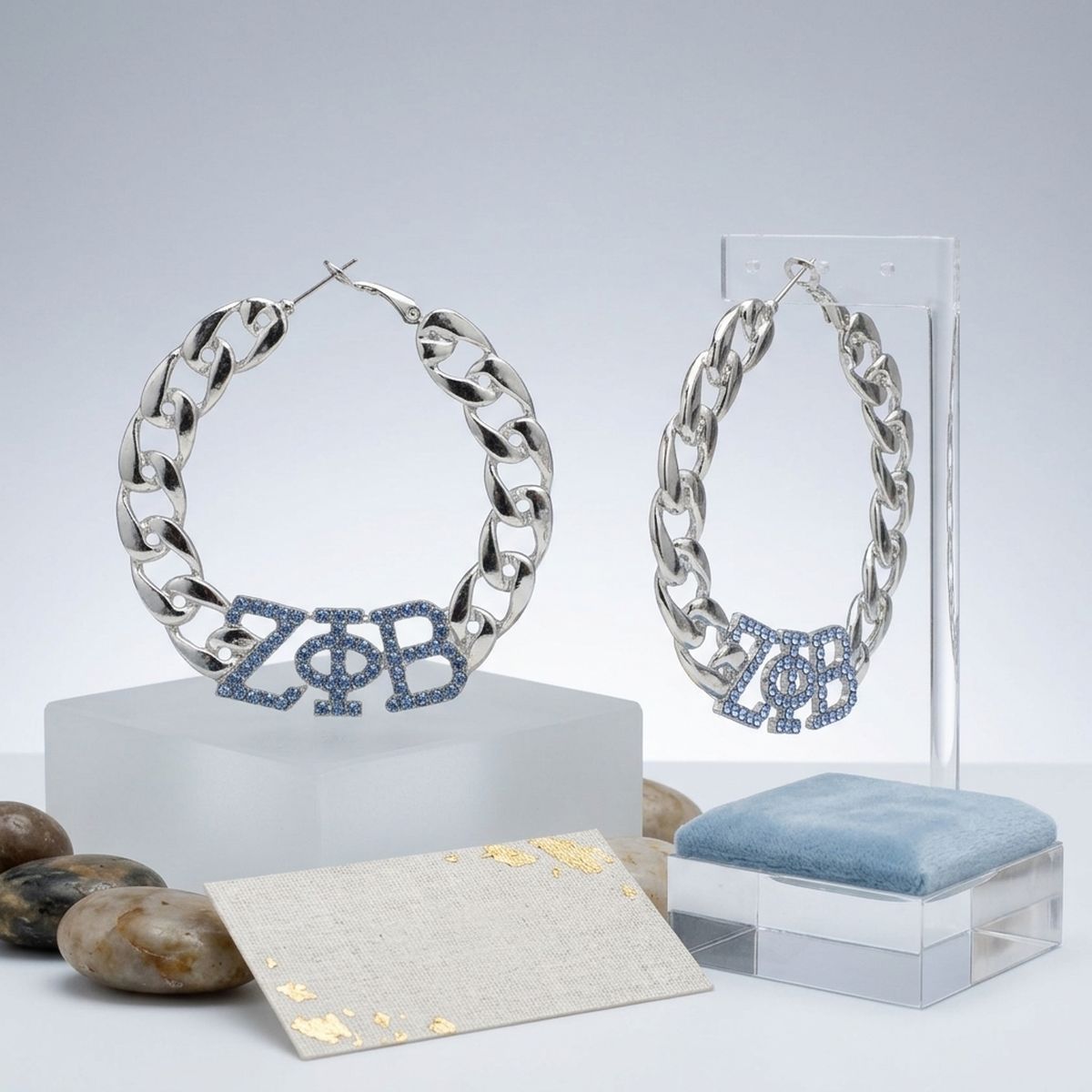 ZPB Blue Rhinestone Silver Chain Hoop Earrings