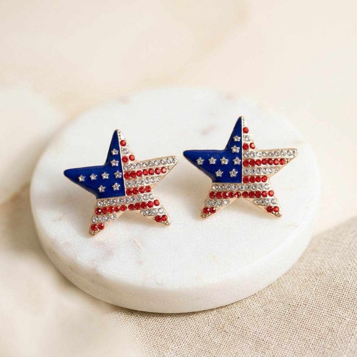 USA Flag Gold Star Patriotic Bling Stud Earrings