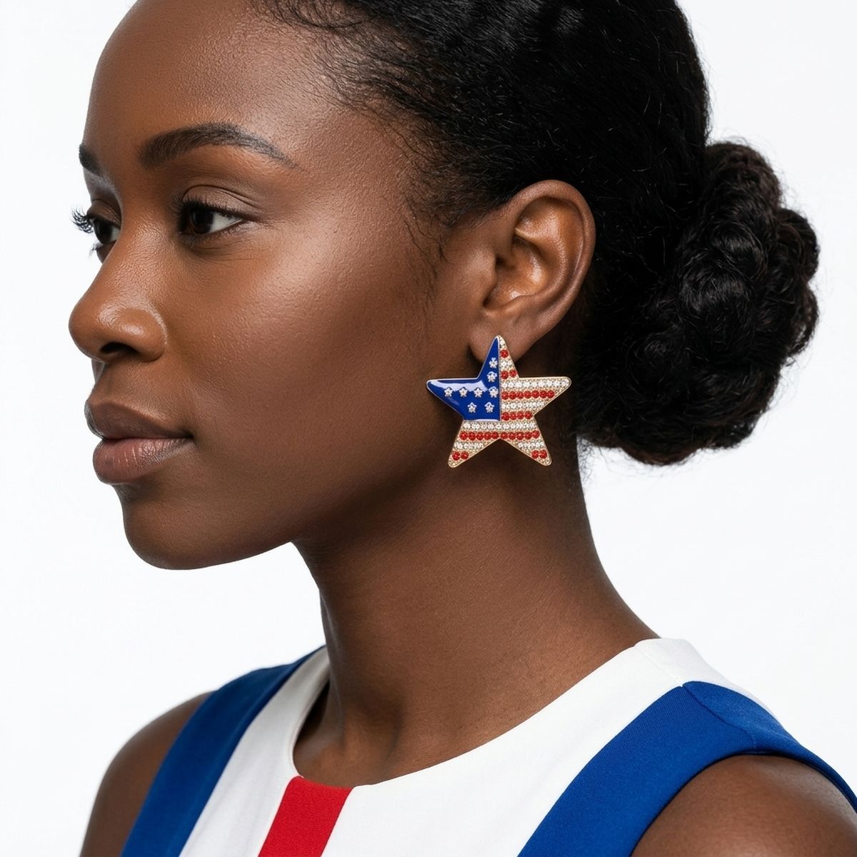 USA Flag Gold Star Patriotic Bling Stud Earrings