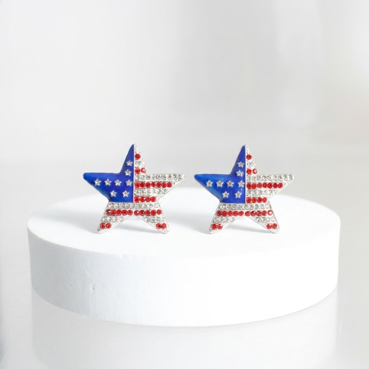 USA Flag Silver Star Patriotic Bling Stud Earrings