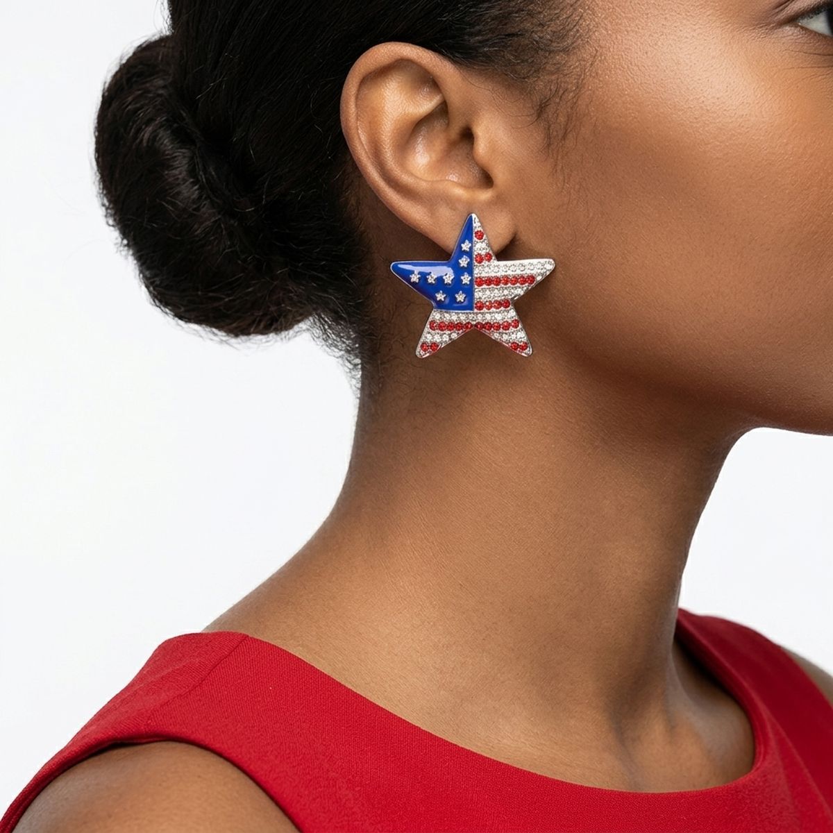 USA Flag Silver Star Patriotic Bling Stud Earrings