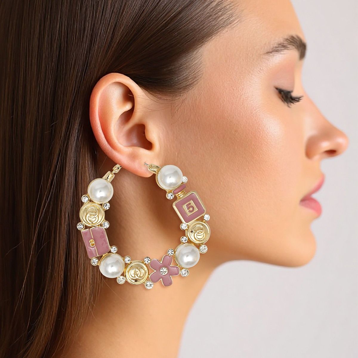Hoop Uptown Glam Pearl Gold and Pink Earrings