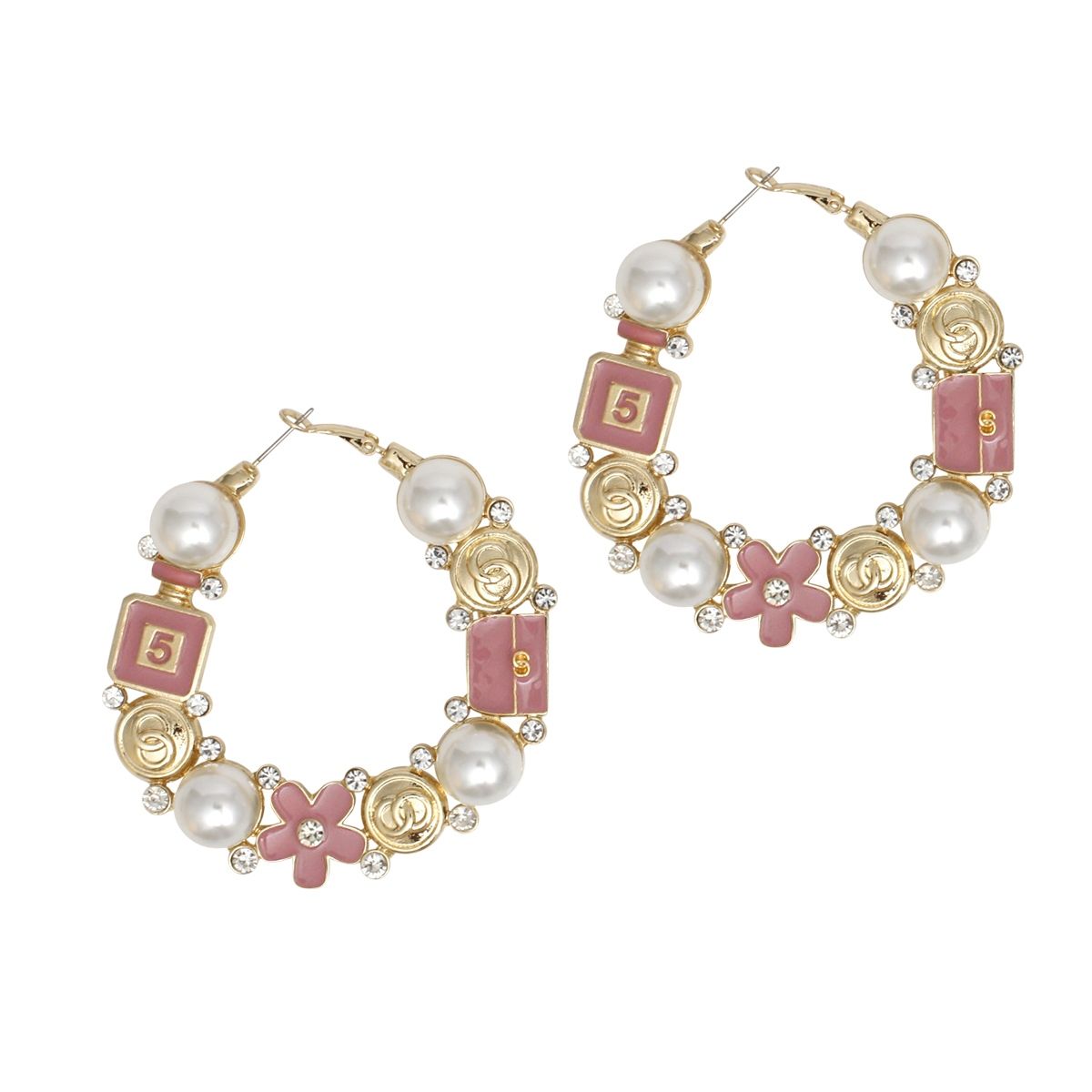 Hoop Uptown Glam Pearl Gold and Pink Earrings