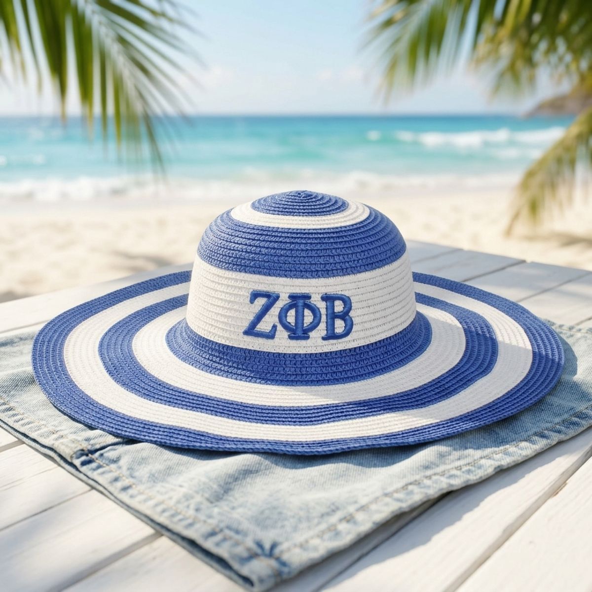 ZPB Blue Raffia Embroidered Floppy Beach Sun Hat