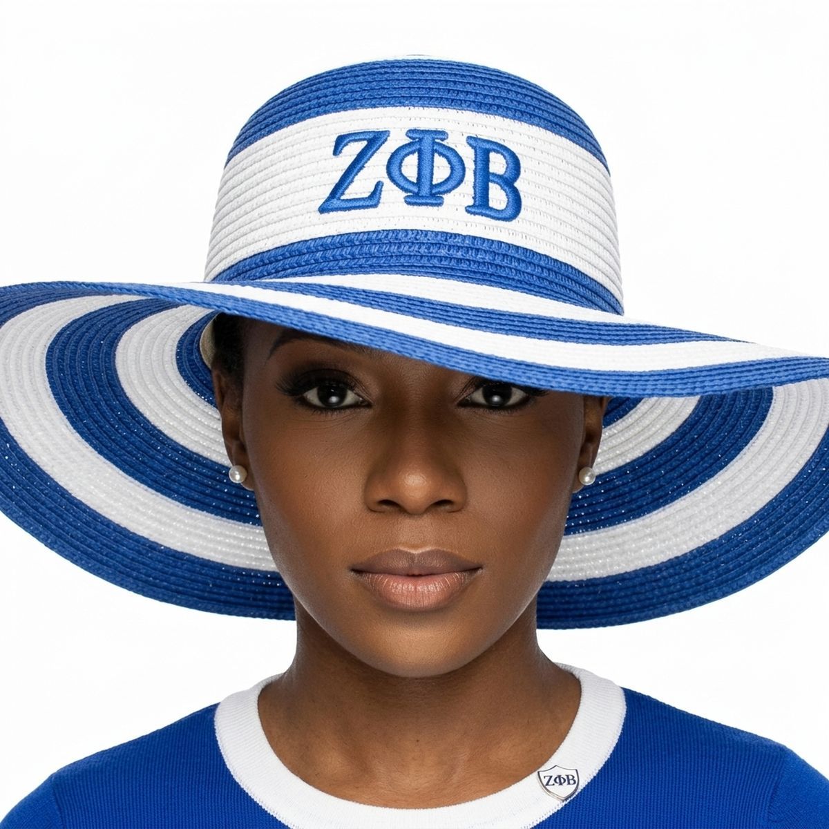 ZPB Blue Raffia Embroidered Floppy Beach Sun Hat