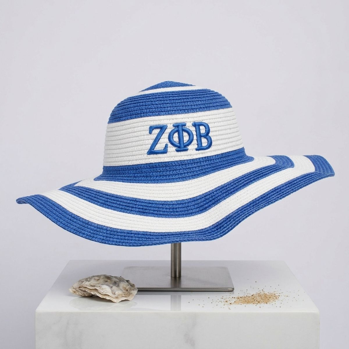 ZPB Blue Raffia Embroidered Floppy Beach Sun Hat