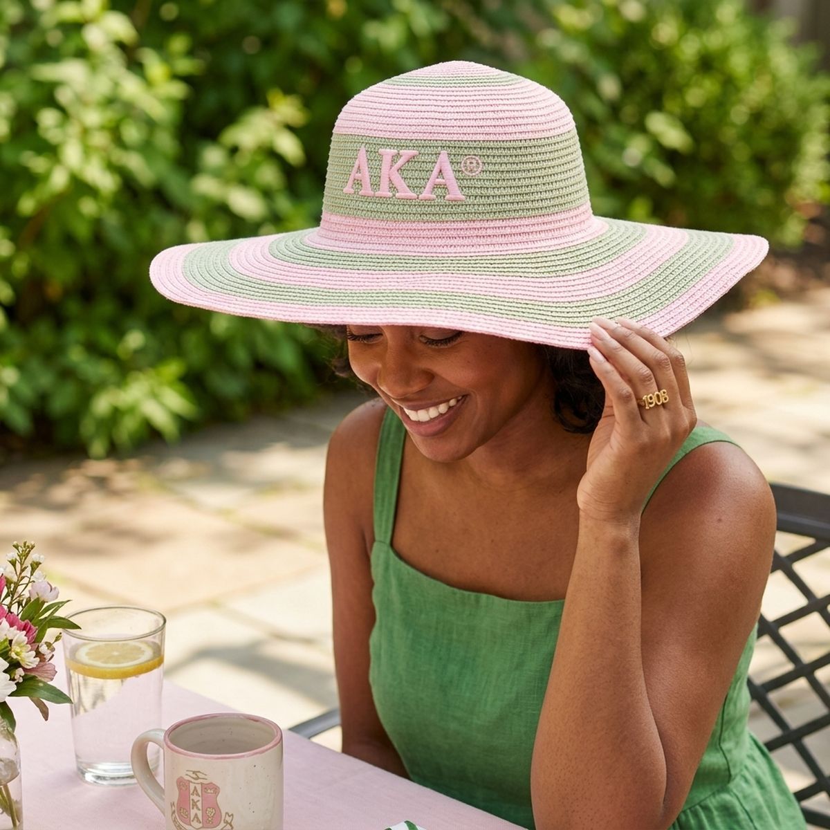 AKA Pink Raffia Embroidered Floppy Beach Sun Hat