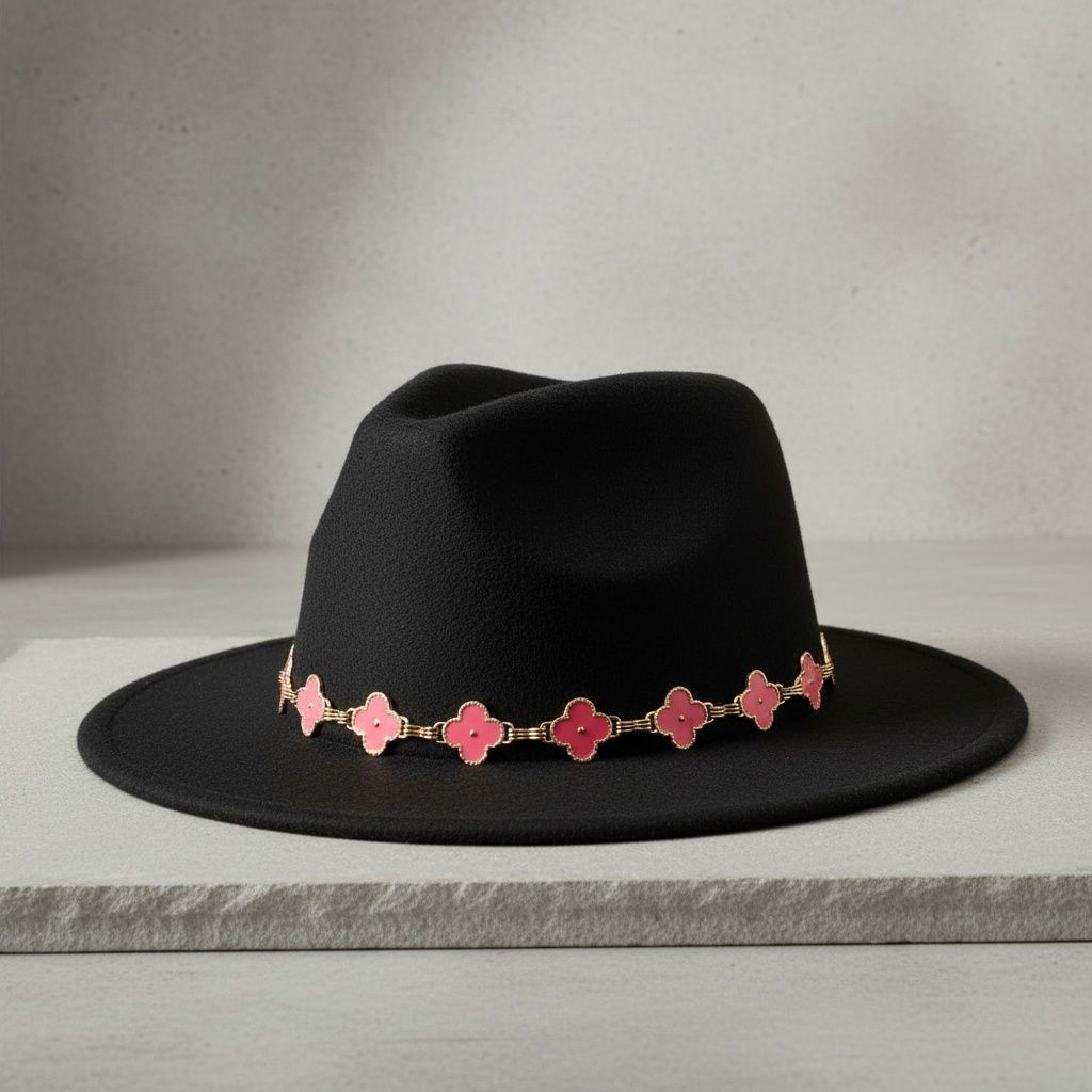 Black Fedora Hat with Pink Gold Quatrefoil Band