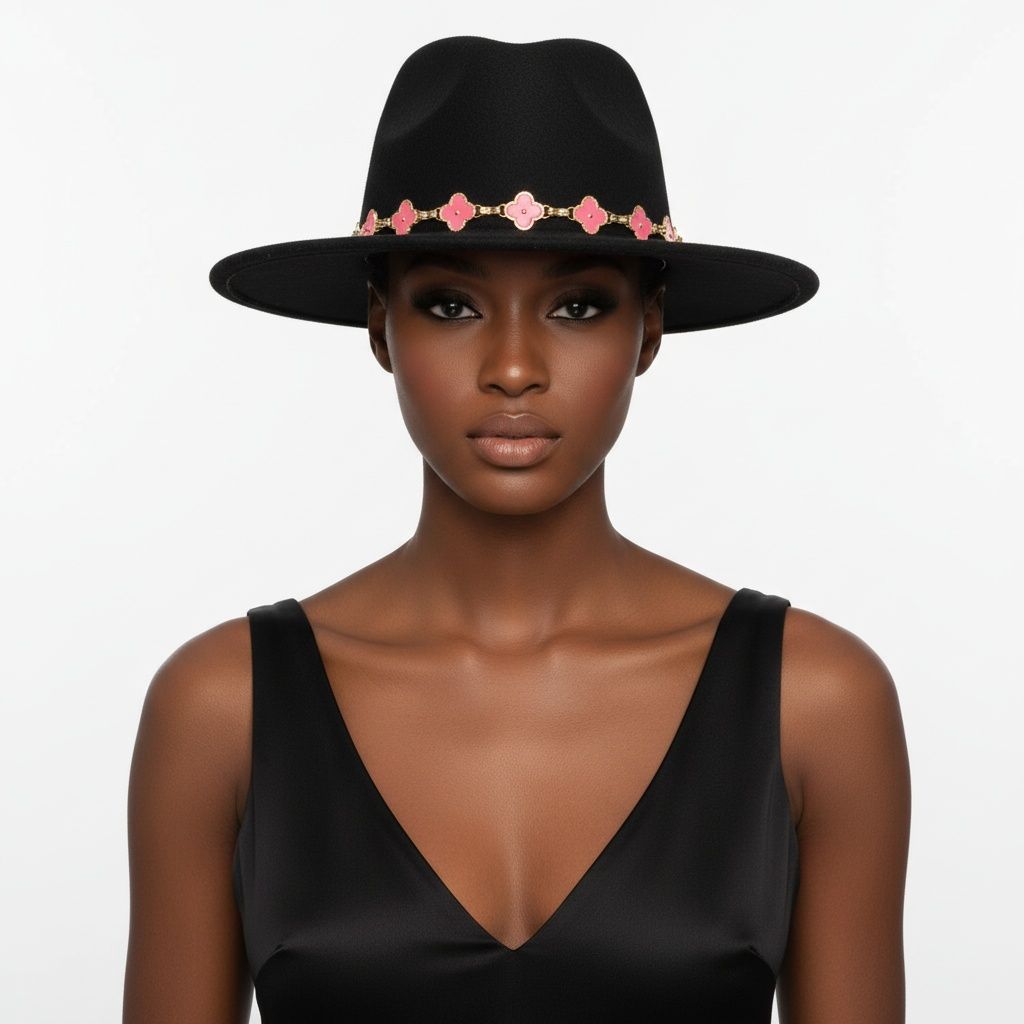 Black Fedora Hat with Pink Gold Quatrefoil Band