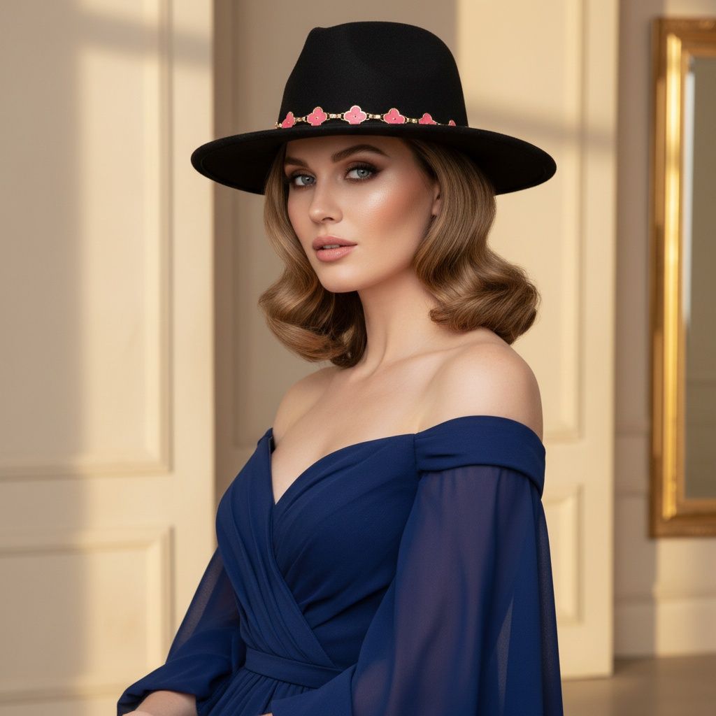 Black Fedora Hat with Pink Gold Quatrefoil Band