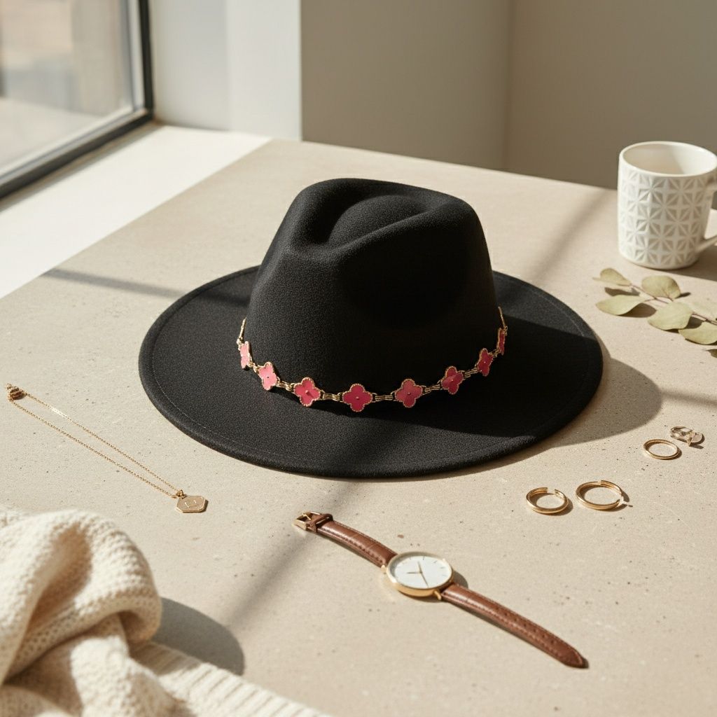 Black Fedora Hat with Pink Gold Quatrefoil Band