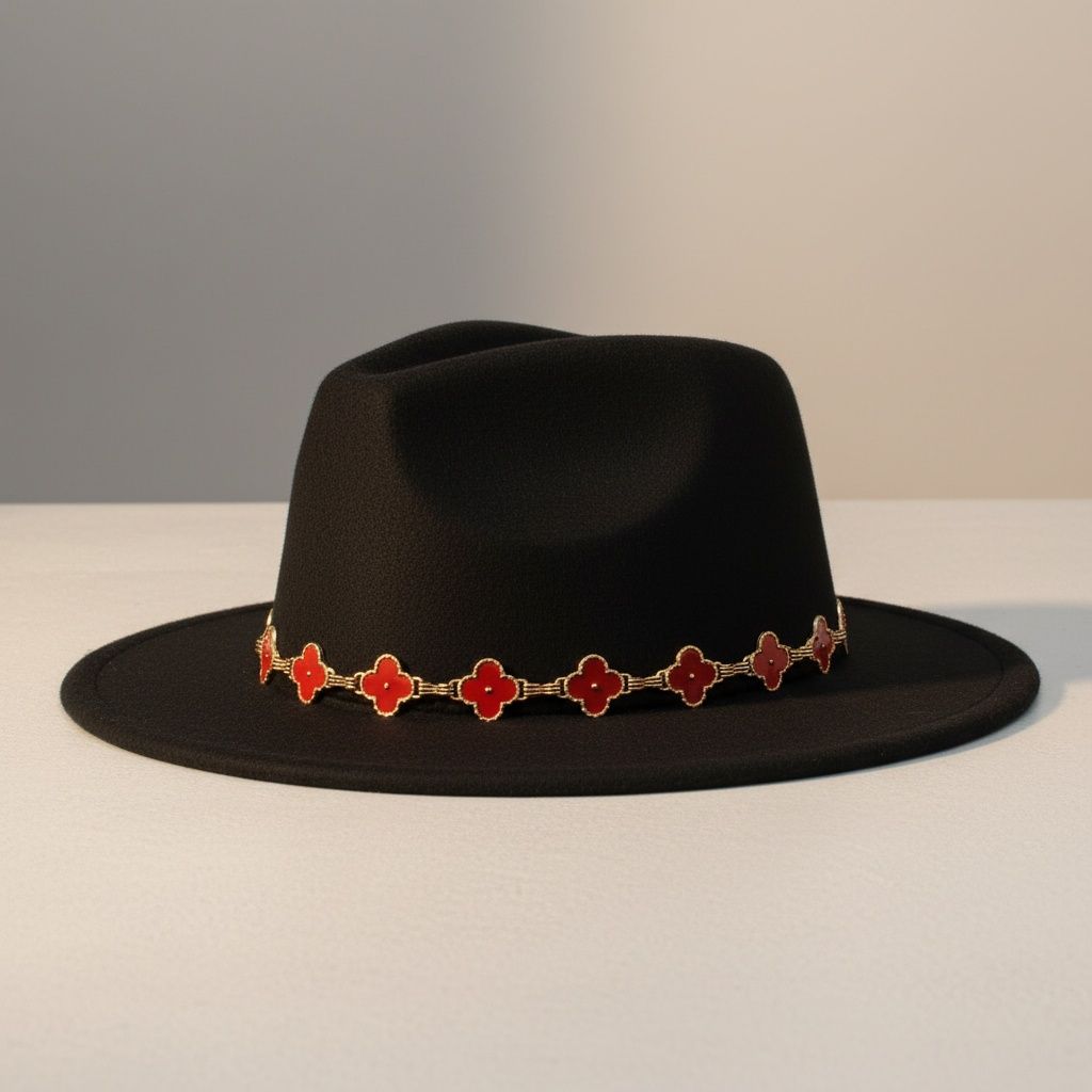 Black Fedora Hat with Red Gold Quatrefoil Band