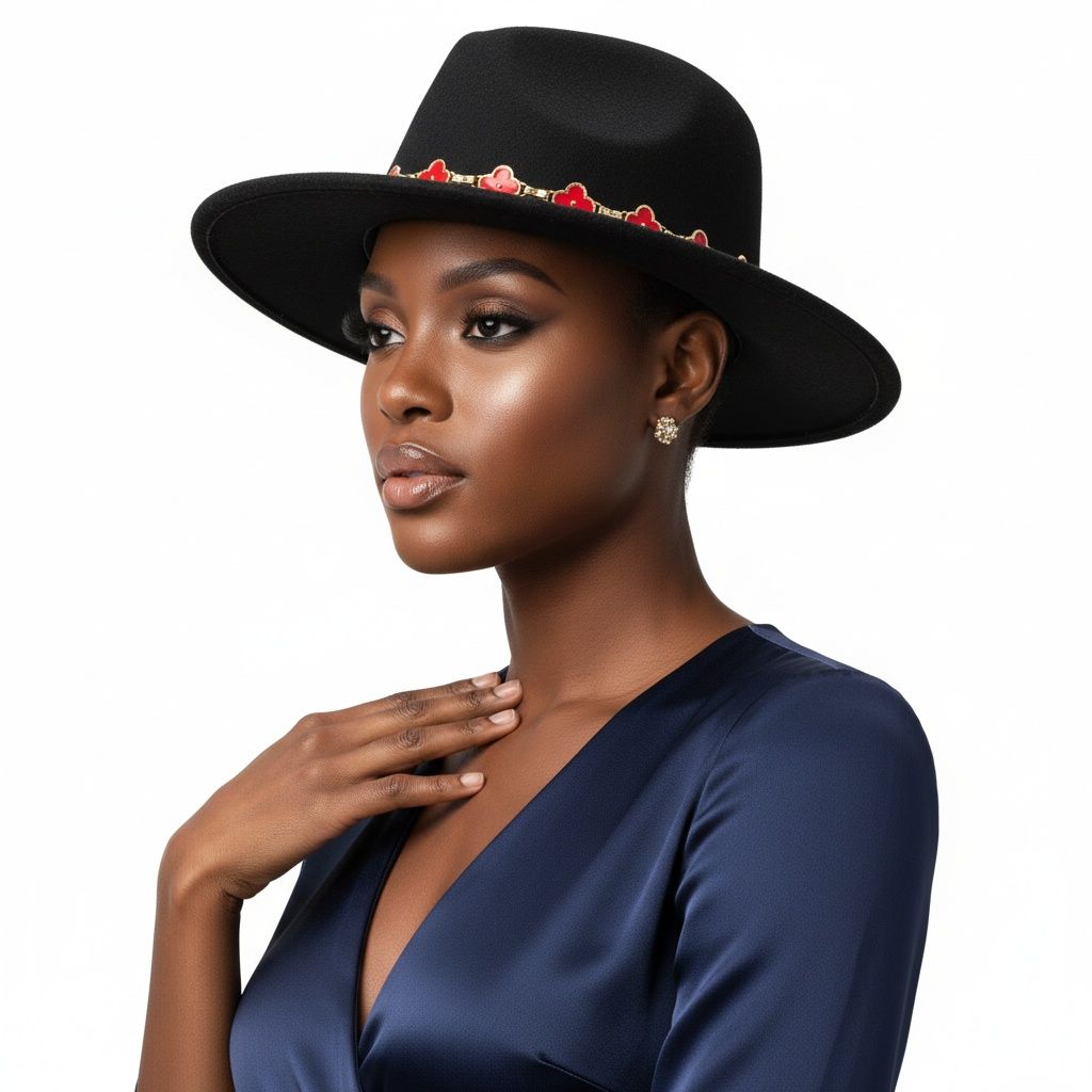 Black Fedora Hat with Red Gold Quatrefoil Band