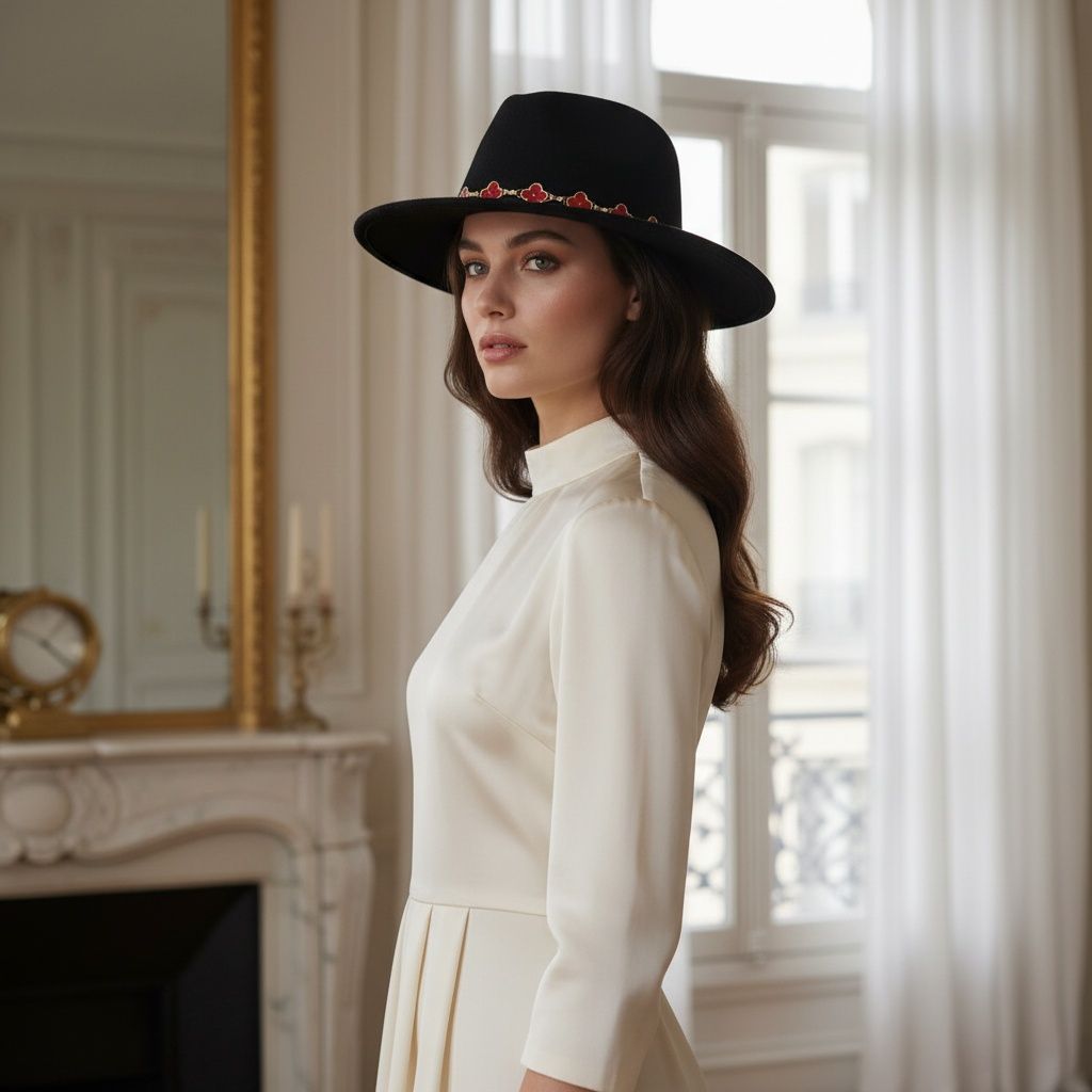 Black Fedora Hat with Red Gold Quatrefoil Band