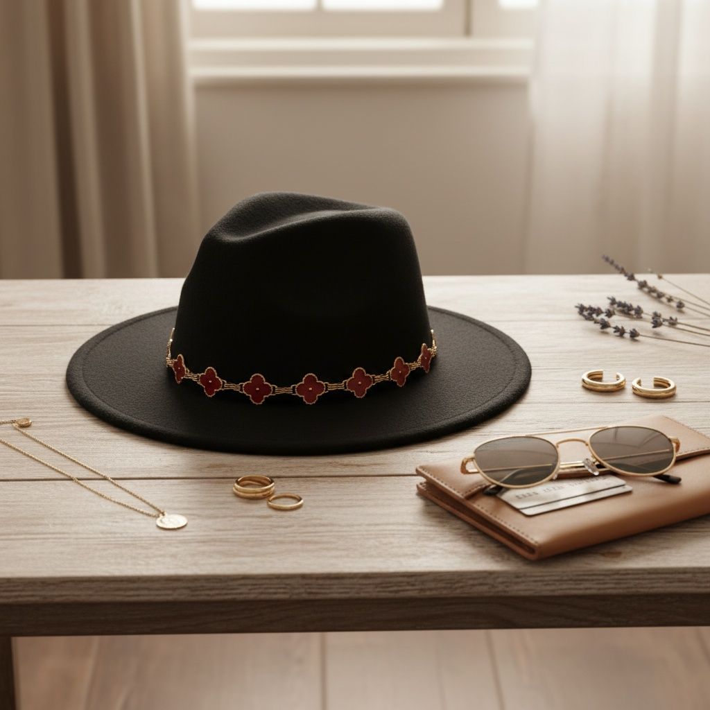 Black Fedora Hat with Red Gold Quatrefoil Band