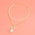 Double Layer Pearl Bow Gold Necklace