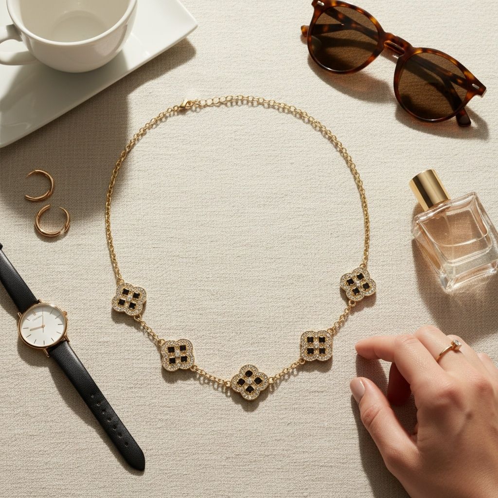 Black Encrusted Quatrefoil Motif Gold Necklace