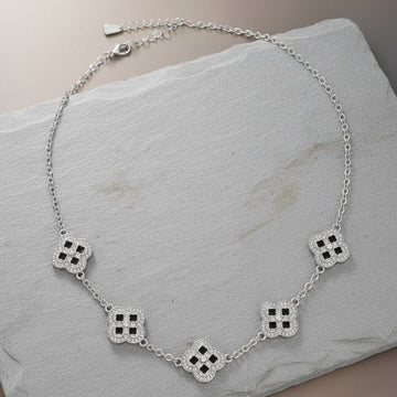 Black Encrusted Quatrefoil Motif Silver Necklace