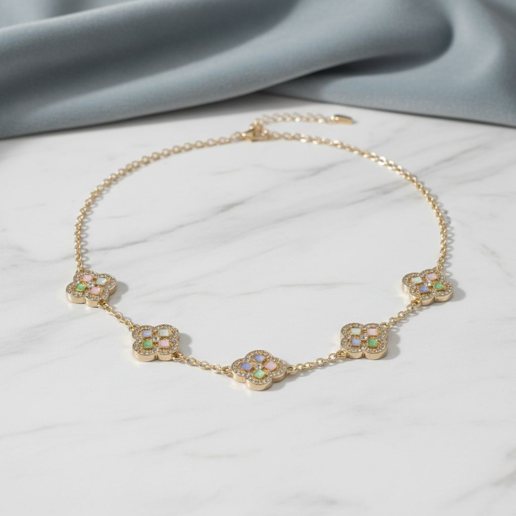 Colorful Encrusted Quatrefoil Motif Chain Necklace
