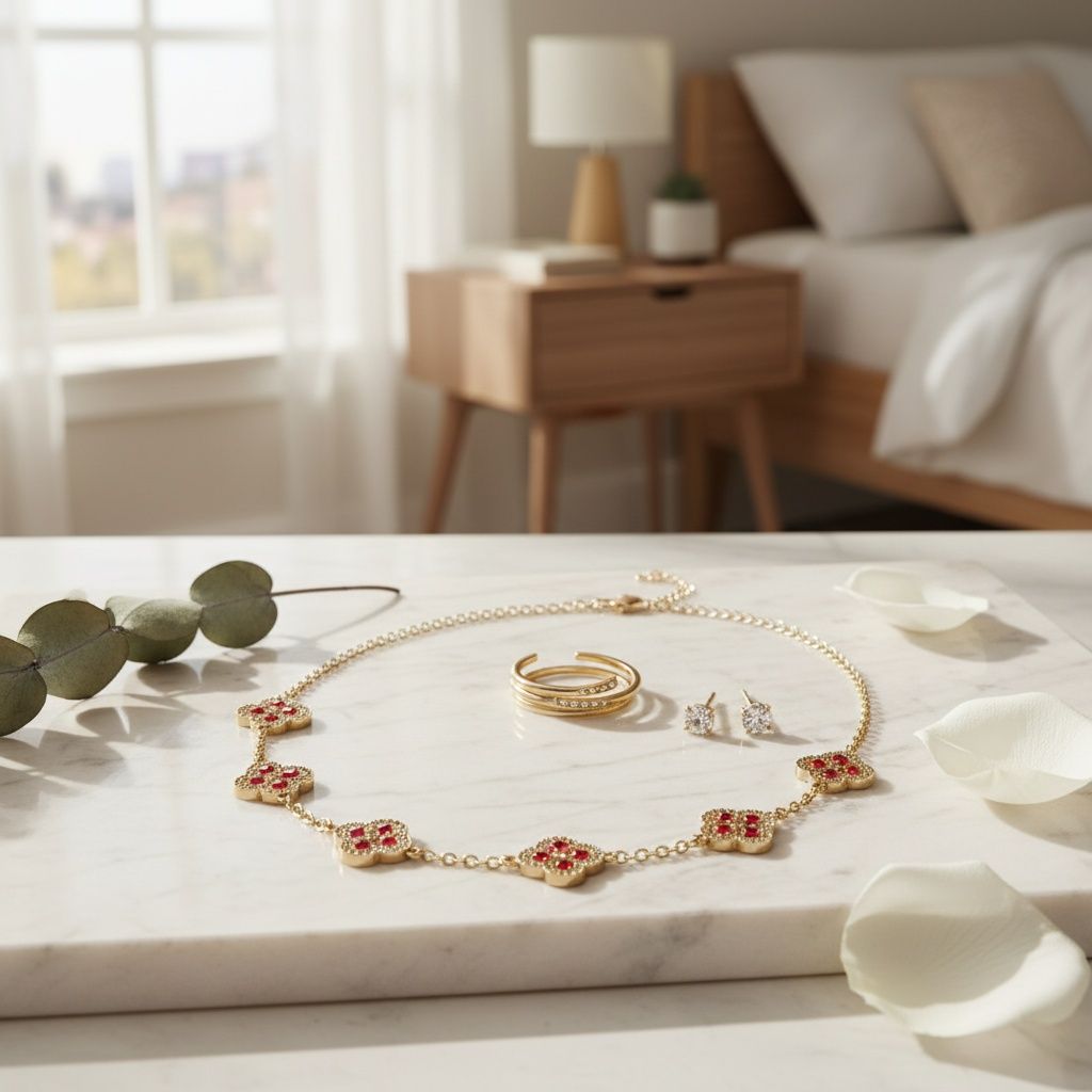 Red Encrusted Quatrefoil 5 Motif Chain Necklace