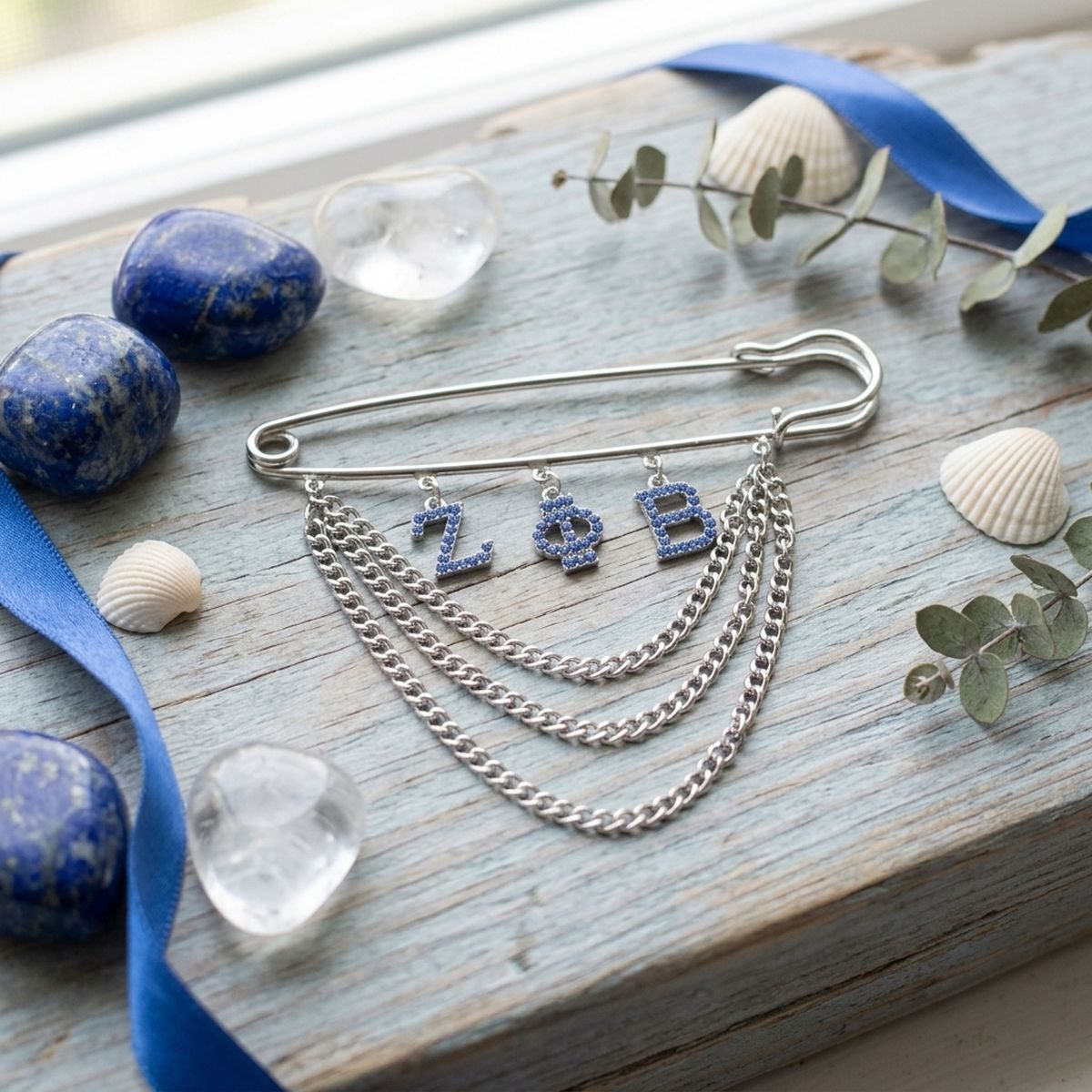ZPB Safety Pin Chain Brooch with Blue Rhinestones