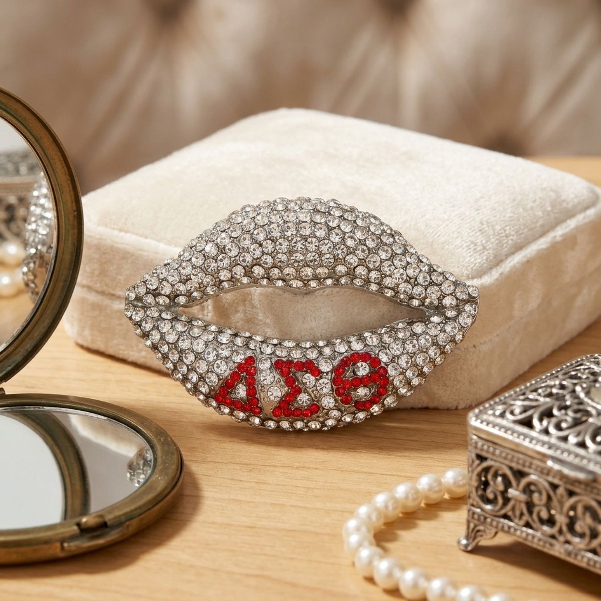 DST Greek Lips Brooch with Clear Rhinestones