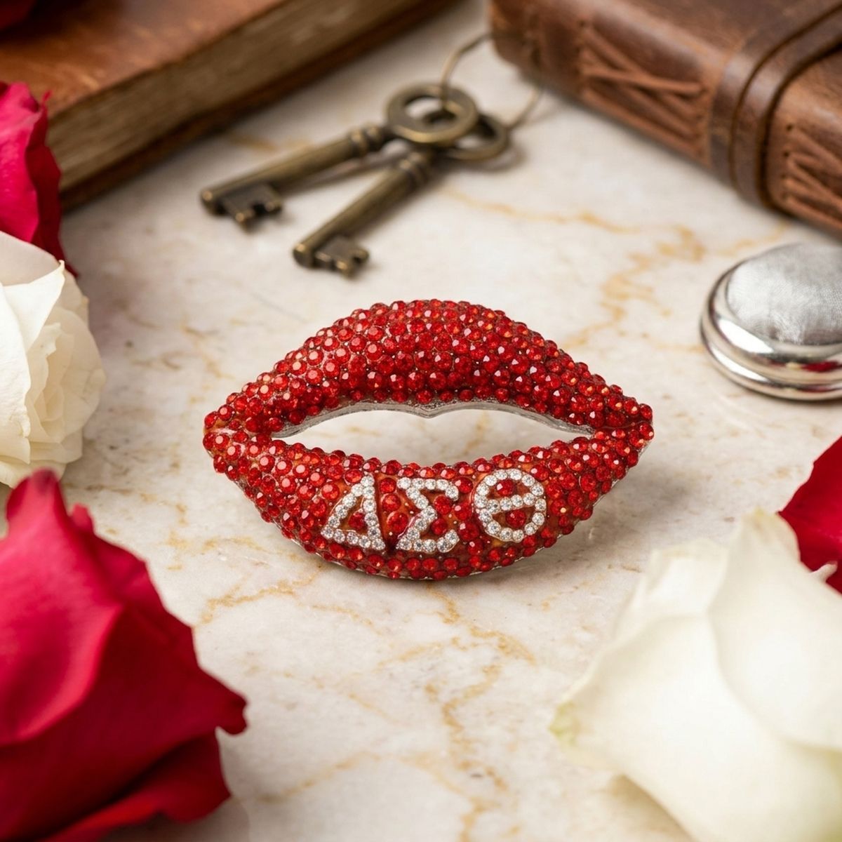DST Greek Lips Brooch with Red Rhinestones