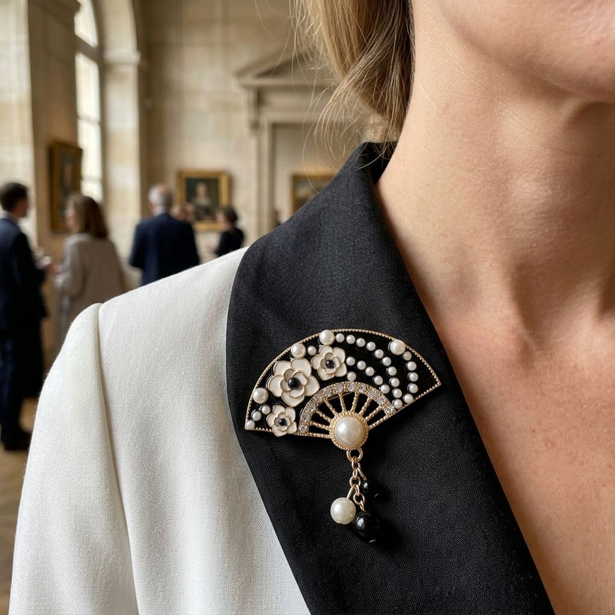 Brooch Black and Gold Hanfu Fan Style Pin