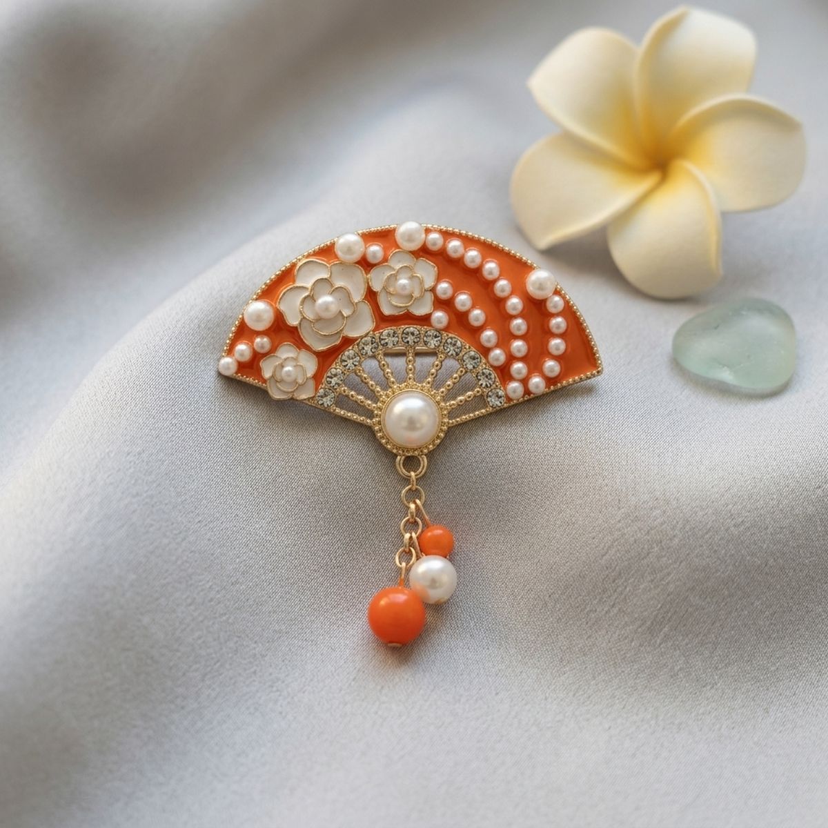 Brooch Orange and Gold Hanfu Fan Style Pin
