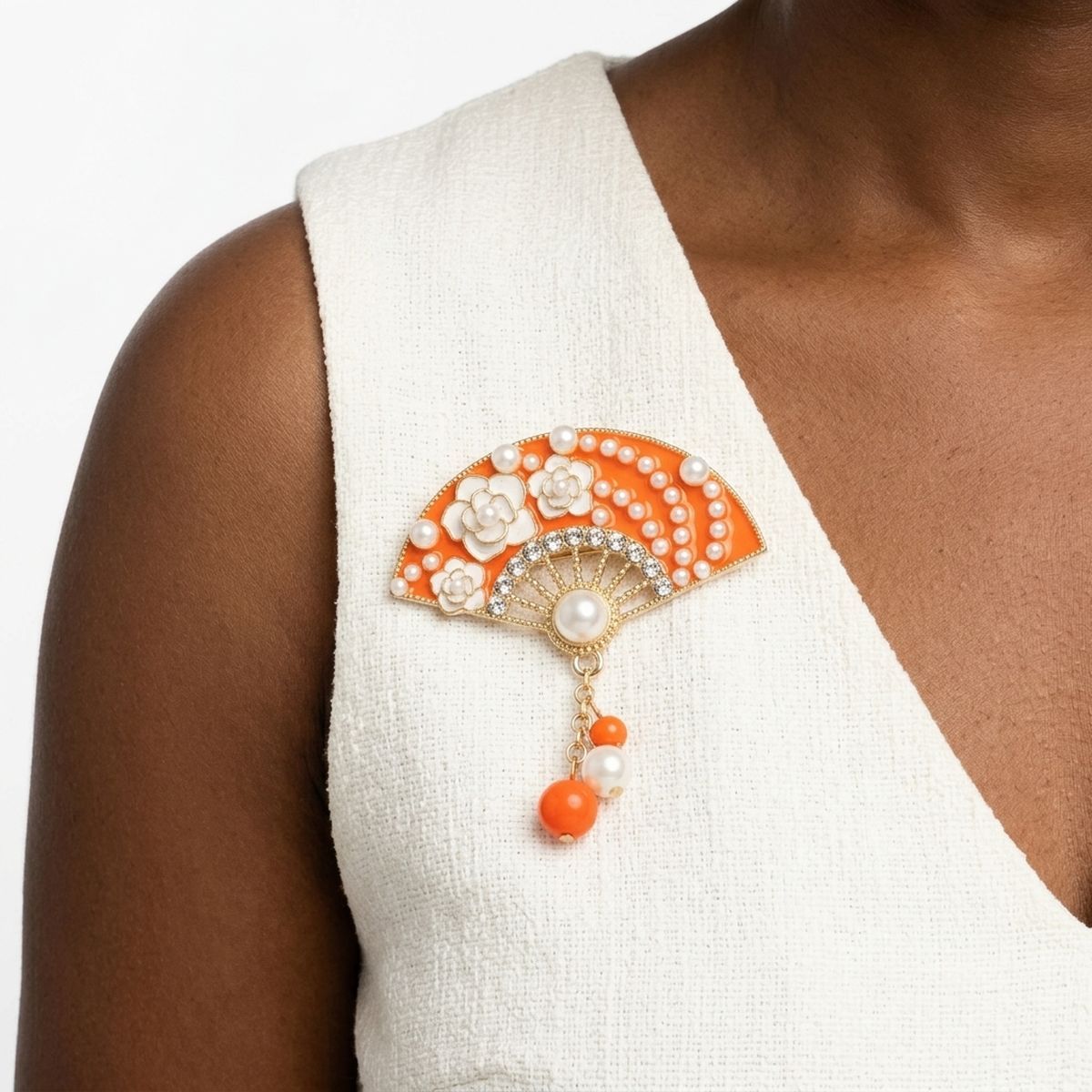 Brooch Orange and Gold Hanfu Fan Style Pin