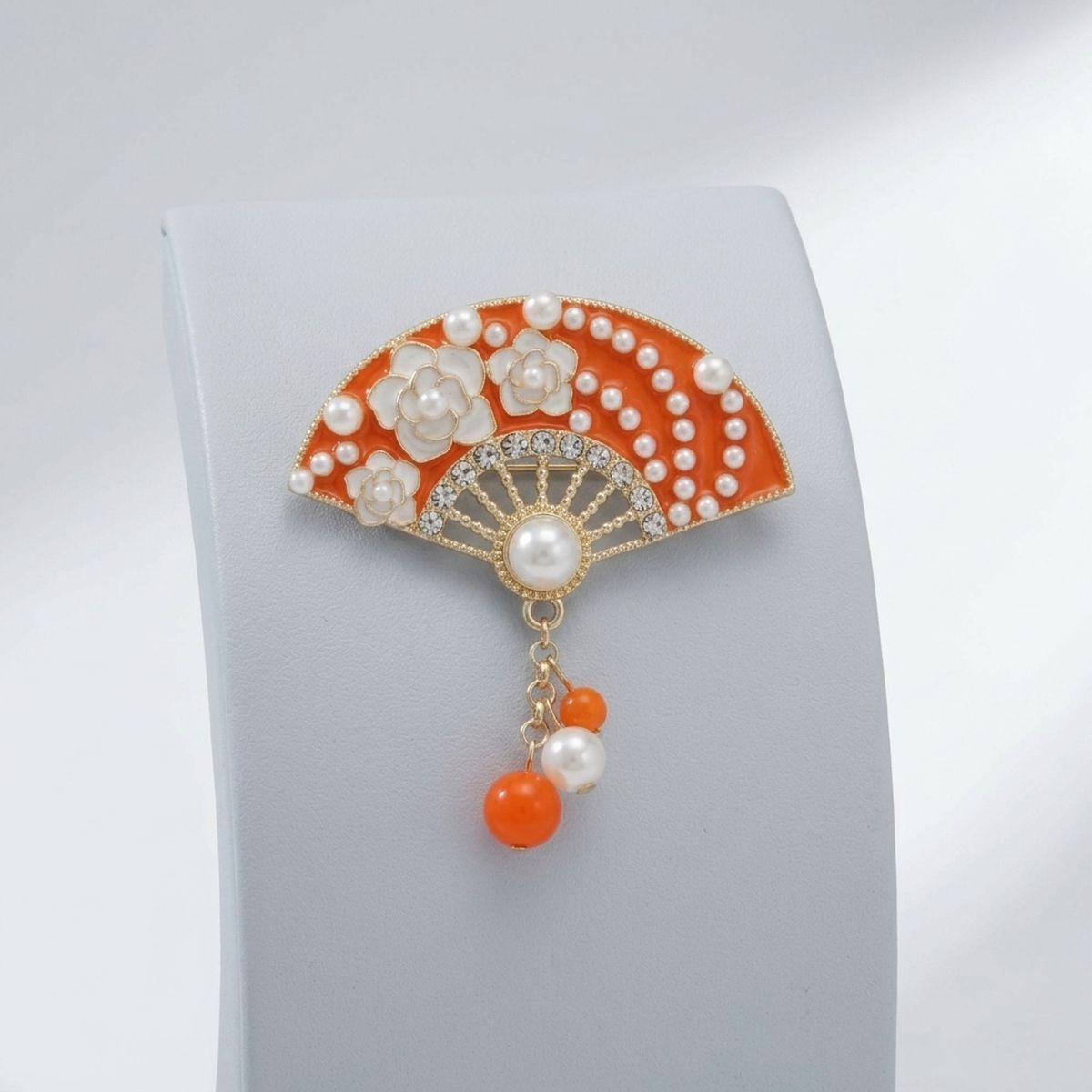 Brooch Orange and Gold Hanfu Fan Style Pin