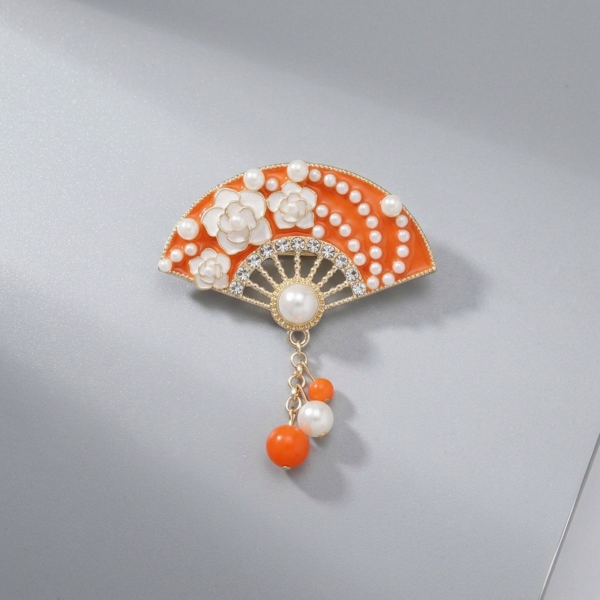 Brooch Orange and Gold Hanfu Fan Style Pin