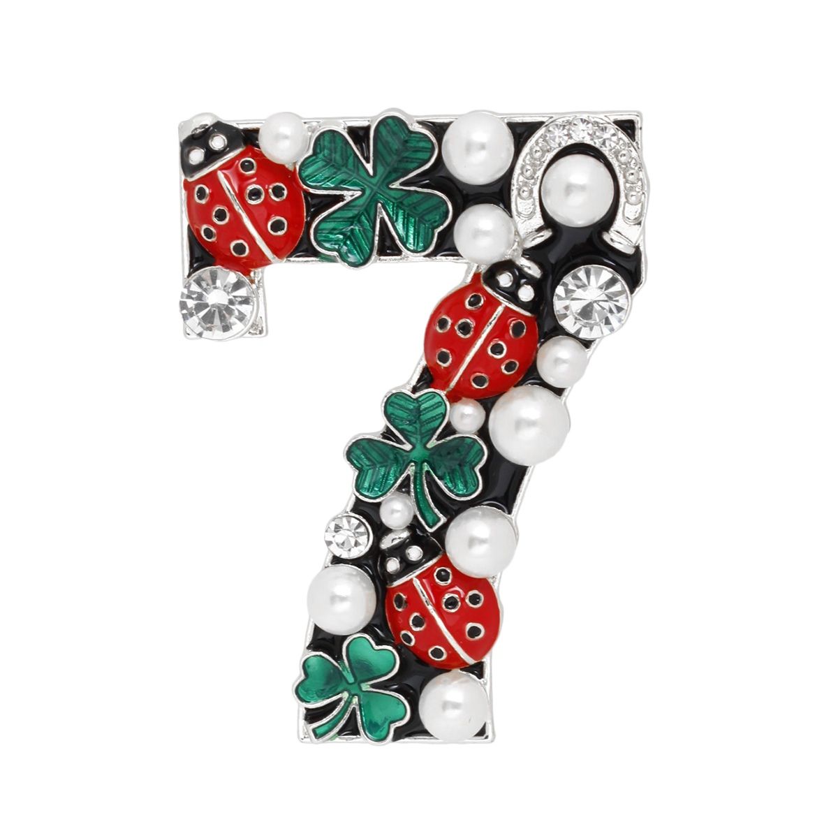 Brooch Lucky Seven Silver and Black Ladybug Pin