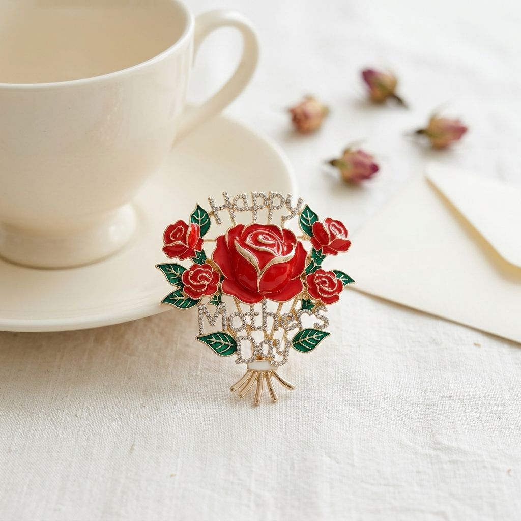 Brooch Gold Mother's Day Red Rose Bouquet Pin