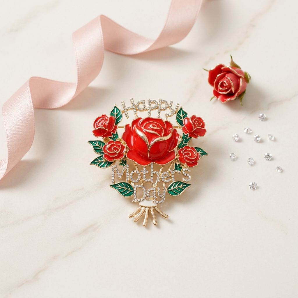 Brooch Gold Mother's Day Red Rose Bouquet Pin