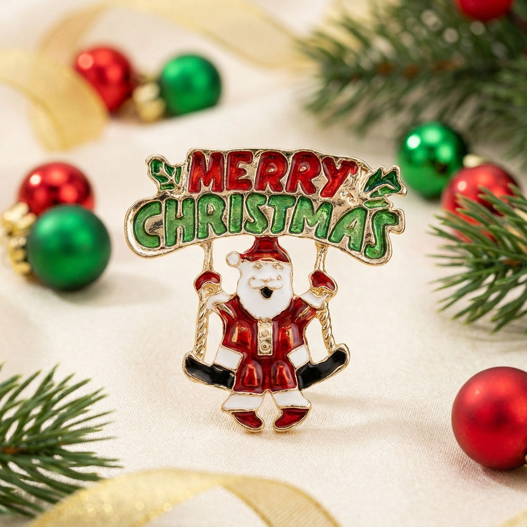 Brooch Merry Christmas Santa Swing Gold Pin