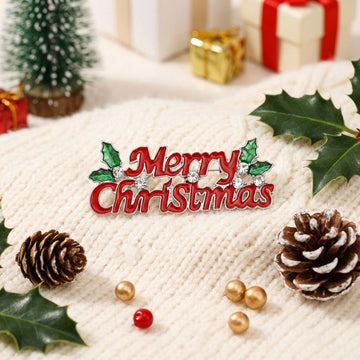 Brooch Red Merry Christmas Holly Silver Pin