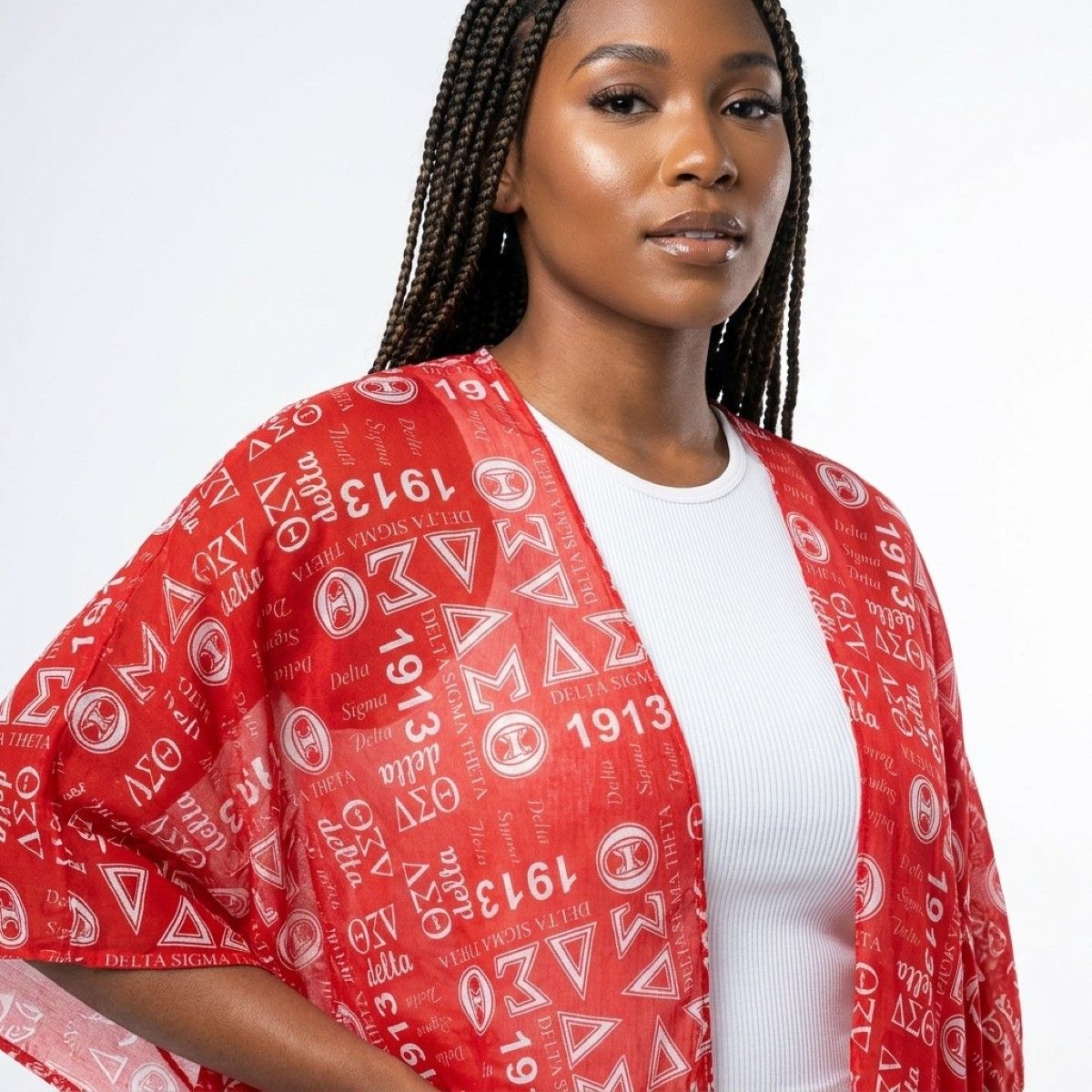 DST Red and White Graphic Print Viscose Kimono